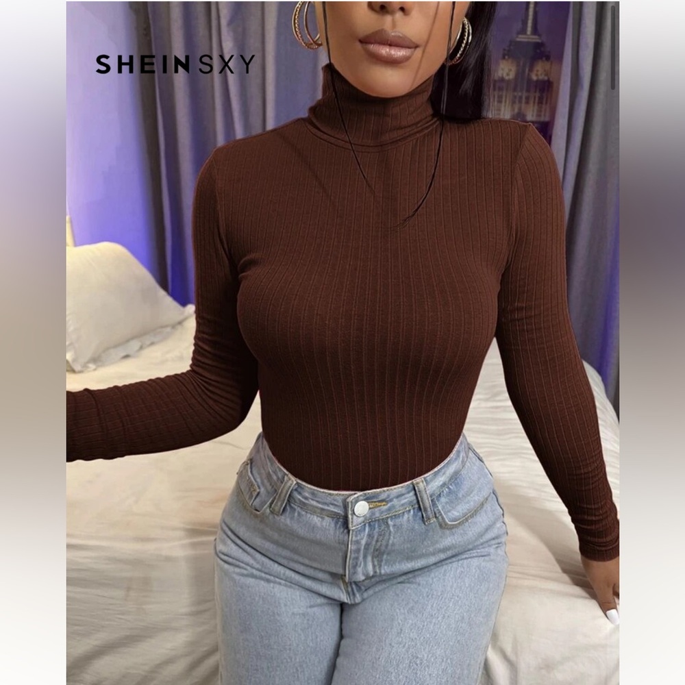 Brown Ribbed Long Sleeve Top